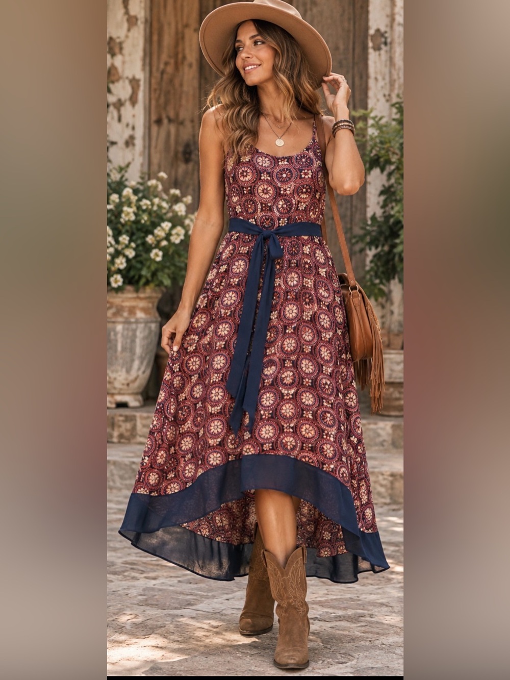 Boho Medallion Print High Low Midi Maxi Dress Tie Waist